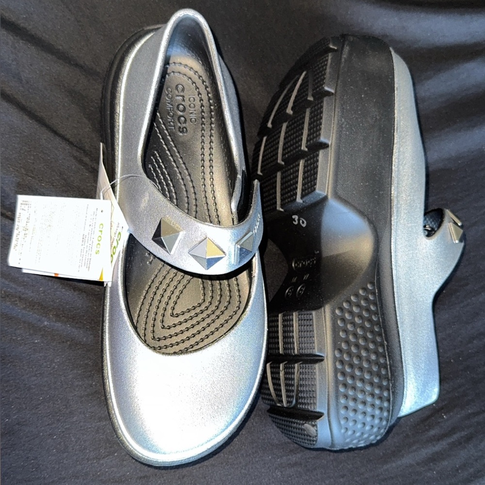 Chic Silver Mary Jane Shoes with Studs Crocs